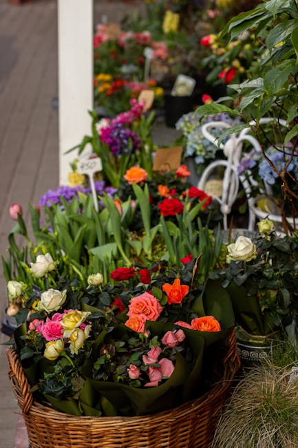 A wicker basket filled with a vibrant assortment of fresh flowers, including pink, red, orange, and white blossoms, arranged among lush green foliage. The arrangement features tulips, roses, and other