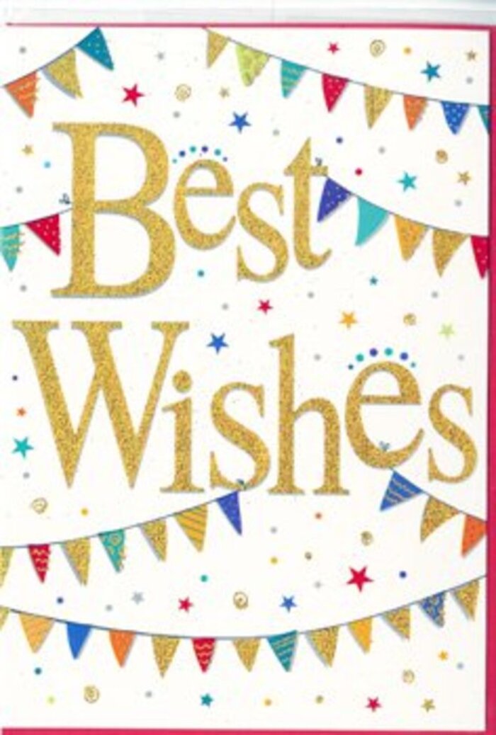 This Best Wishes card is illustrated as if it were a tiny party captured on a sheet of crisp white card, brimming with colour yet still calmly ordered. In the centre, the phrase Best Wishes is written in an elegant, looping gold script, with the letters slightly raised so they appear to shine when the light touches them, reminiscent of the soft glow of streetlights along Baldock's High Street at dusk. The gold has a smooth, almost foil-like sheen, suggesting quality and thoughtfulness, and the words themselves feel warm and encouraging, as though the sender is standing right beside the recipient. Encircling this central message are curved strands of bunting that sweep across the top and bottom thirds of the design. Each tiny triangular pennant is painted in vibrant, saturated tones-deep red, turquoise, lime, sunflower yellow-and many carry playful details such as dots, chevrons, or miniature checks that lend an artisan feel, like decorations lovingly made for a local Baldock fete. Between these arcs of bunting, delicate starbursts and tiny circular confetti marks float across the white background, giving a light, dynamic sense of movement, as if a soft breeze is stirring the decorations. The arrangement of colour and shapes feels balanced and harmonious rather than overcrowded, leaving enough white space for the eye to rest. This charming card would sit perfectly next to a vase of fresh flowers on a Baldock windowsill, ideal for sending congratulations, offering encouragement before a big step, or simply wishing someone good luck in a gentle, stylish way. Its mood is joyous yet comforting, suitable for many of life's happy milestones.
