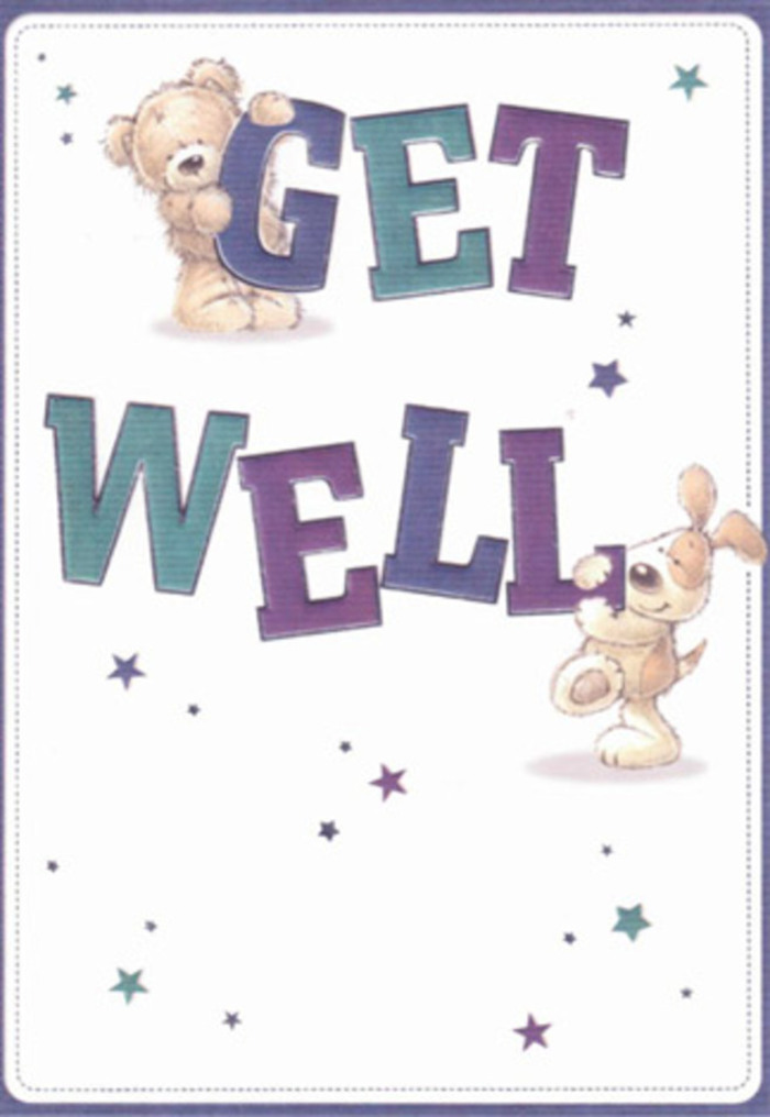 A delightful scene unfolds on this get well card, thoughtfully illustrated in a style reminiscent of Baldock's welcoming shops and garden-lined lanes. At the centre, a cuddly bear and a playful puppy take on the important task of cheering someone on the mend. Their soft, textured fur and wide, comforting smiles evoke the sense of a gentle hug-much like the reassuring presence of a familiar local face. Stars in hues of blue, teal, and violet glide playfully across a pristine white canvas, imbuing the card with an air of innocent hope and lightness. The bold typography-rendered in robust shades of purple and aqua-anchors the design with a message that speaks as clearly as a hand-delivered bouquet from one of Baldock's beloved florists. Each brushstroke and detail reveals an artistic care akin to weaving together wildflowers or arranging lilies and roses for a friend's recovery, echoing the local tradition of heartfelt gifting. The atmosphere here is one of gentle celebration-a visual pick-me-up tailored for anyone in Baldock who wishes to send not just a message, but a comforting touch and sincere encouragement to a friend or neighbour facing a challenging time.