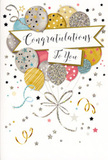 This congratulations card is illustrated as a joyful spray of balloons that feels as light and optimistic as a sunny walk through Baldock's old town. At the heart of the design, a bouquet of rounded balloons in luminous shades of gold, silver, champagne, pastel blue, blush pink, and soft grey rises upward, the shapes layered to create depth, like flowers carefully positioned in a celebratory vase. Each balloon carries its own decoration-some with tiny stars scattered across them, others with slender glittering stripes or delicate dots-so that no two look quite the same, echoing the individuality of each achievement being celebrated. Their slim, curling ribbons stream downwards in metallic gold and silver lines, criss-crossing and looping together in an easy, festive tangle, much like the trailing wraps we tie around special-occasion bouquets for customers near Norton and Pin Green. Around the balloons, a dusting of confetti, tiny stars, and swirling party ribbons appears to drift across a pale, uncluttered background, creating a sense of airy movement and soft excitement. A central banner glides through the arrangement, carrying the phrase Congratulations To You in graceful, hand-lettered style script that radiates warmth and sincerity. The overall mood is one of bright, uncomplicated happiness-the feeling you get when someone close has reached a long-awaited goal. Paired with fresh blooms delivered across Baldock, this card would perfectly mark exam successes, new homes, promotions, or any treasured milestone that deserves to be honoured with style and heartfelt pride.